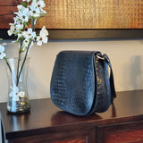 Sophia Saddle Handbag in Leather - Black/Reptile Embossed Print